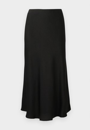 Black, flowing midi skirt made from soft fabric. Features a smooth waistband and a slightly flared hem with an elegant silhouette.