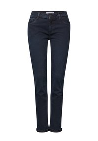 Tmavě modré džíny z denimu se rovnou nohavicemi, s knoflíkovým zapínáním, pěti kapsami a vyhrnutými nohavicemi na kotnících.