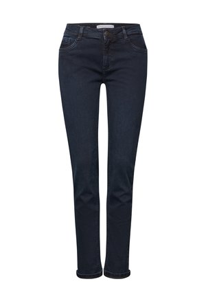 Jeans in denim blu scuro con design a gamba dritta, dotati di chiusura a bottone, cinque tasche e orli arrotolati alle caviglie.