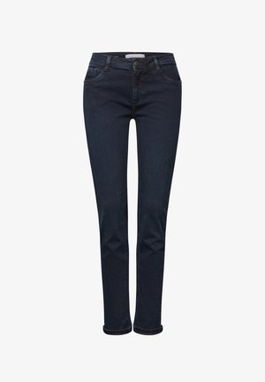Mörkblå denimjeans med rak bendesign, med knappstängning, fem fickor och uppvikta muddar vid anklarna.