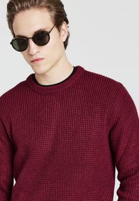 Ein junger Mann trägt runde schwarze Sonnenbrillen und einen strukturierten burgunderfarbenen Strickpullover vor einem schlichten hellen Hintergrund.