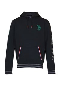 Black hoodie made of cotton blend, featuring a green logo, front pocket with red, white, and blue accents, and striped cuffs with gray trim.