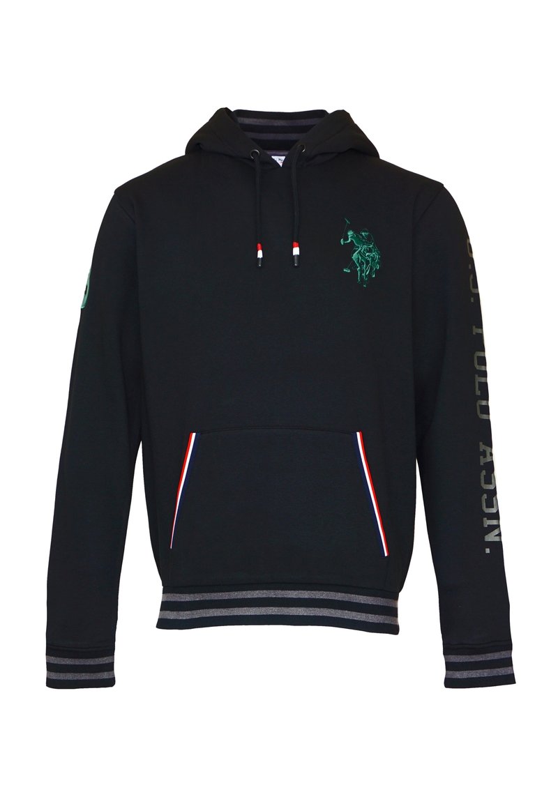 Black hoodie made of cotton blend, featuring a green logo, front pocket with red, white, and blue accents, and striped cuffs with gray trim.
