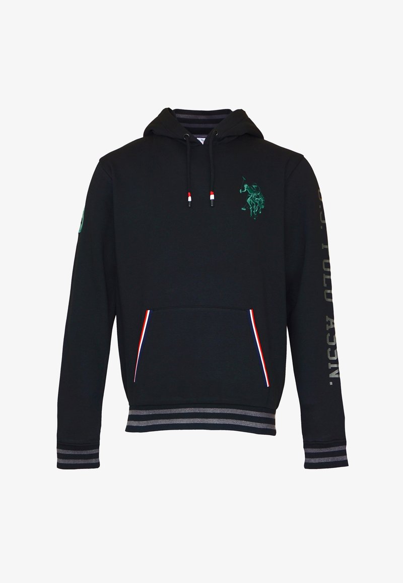 Black hoodie made of cotton blend, featuring a green logo, front pocket with red, white, and blue accents, and striped cuffs with gray trim.