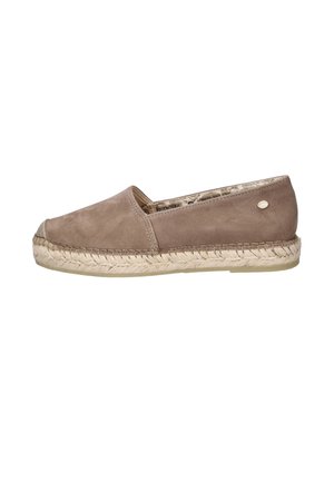 Brown suede espadrille flat with woven jute sole and small circular metal logo on outer heel.