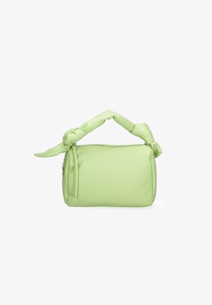 Green vegan leather bag with a knotted handle, rectangular shape, zip closure, and smooth texture. Lightweight and compact design.