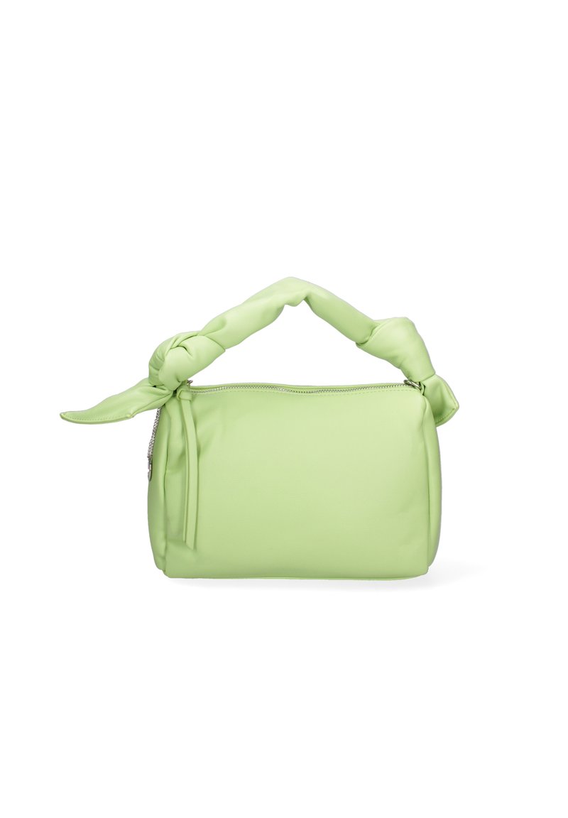 Borsa in ecopelle verde vegan con manico annodato, forma rettangolare, chiusura con zip e texture liscia. Design leggero e compatto.