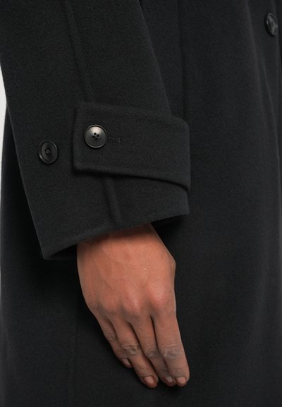 Puño de abrigo de lana negra con dos botones negros, que presenta un detalle doblado y una textura suave. Mano descansando sobre el abrigo para dar escala.