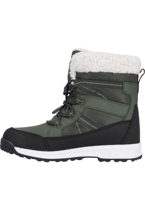 Grüne wasserdichte Winterstiefel mit Kunstfellkragen, verstärkter Zehenpartie und schwarzem Gummisohle. Verfügt über Schnürsenkel und reflektierende Akzente im Obermaterial.