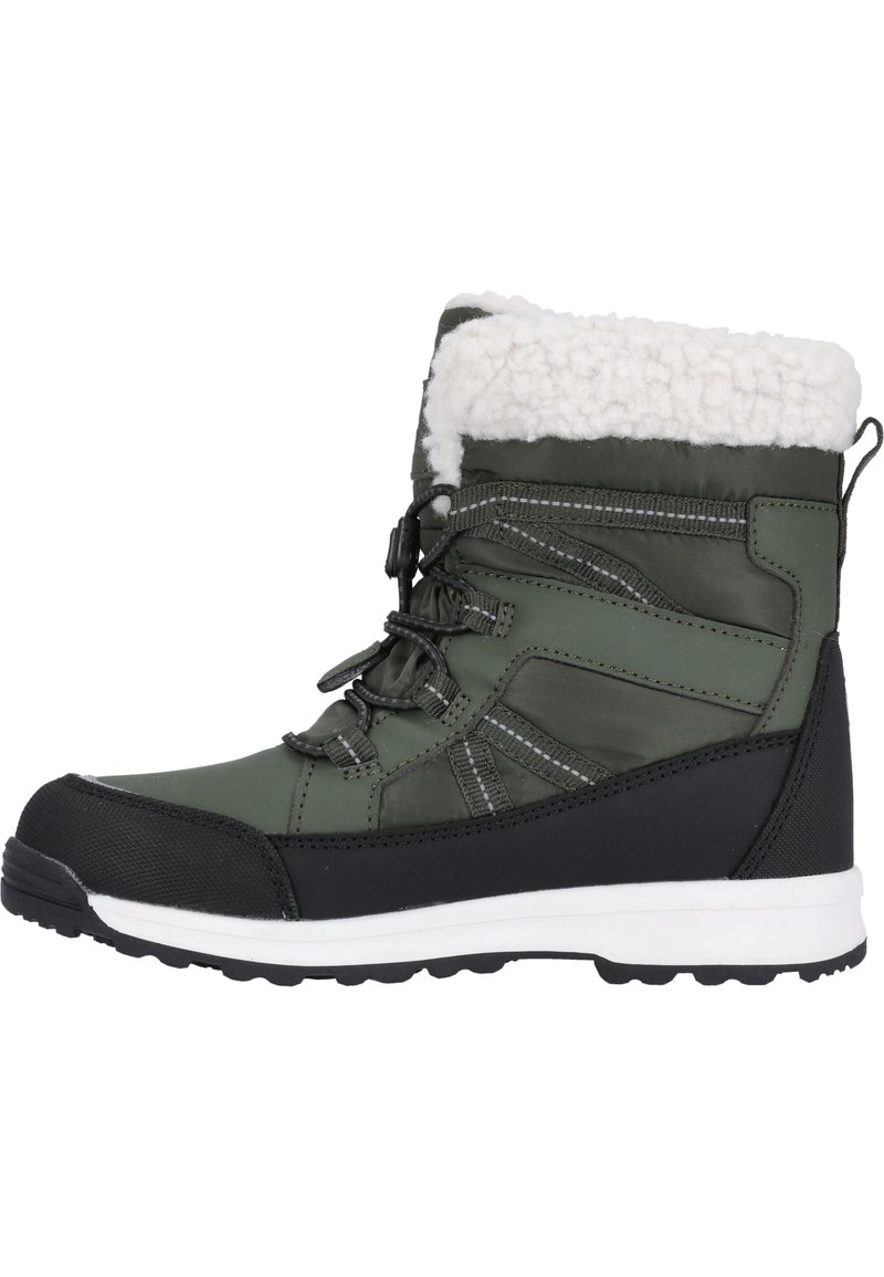 Grüne wasserdichte Winterstiefel mit Kunstfellkragen, verstärkter Zehenpartie und schwarzem Gummisohle. Verfügt über Schnürsenkel und reflektierende Akzente im Obermaterial.