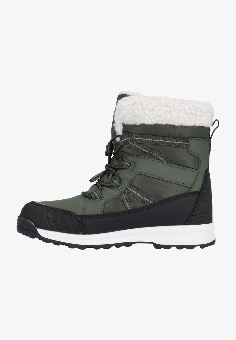 Green waterproof winter boot with faux fur collar, reinforced toe, and black rubber sole. Features laces and reflective accents on upper.