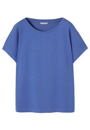 T-shirt in cotone blu con scollatura ampia e maniche corte. Tessuto liscio, vestibilità rilassata e dettagli di cucitura minimi all'orlo.