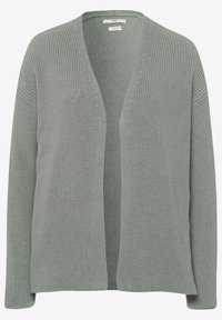 Ljusgrå öppen stickad cardigan med långa ärmar och ribbad struktur, visad liggande mot en vit bakgrund.