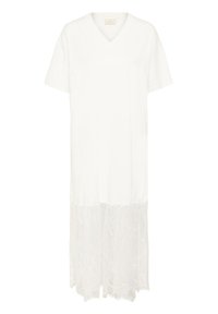 Robe blanche à manches courtes avec encolure en V et panneau en dentelle semi-transparent s'étendant du milieu de la cuisse jusqu'à l'ourlet.