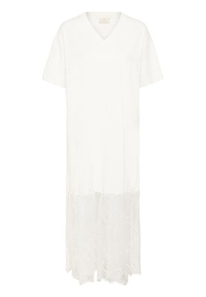 Robe blanche à manches courtes avec encolure en V et panneau en dentelle semi-transparent s'étendant du milieu de la cuisse jusqu'à l'ourlet.