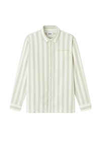 Chemise à manches longues avec des rayures verticales grises claires et blanches, poche poitrine unique et col.