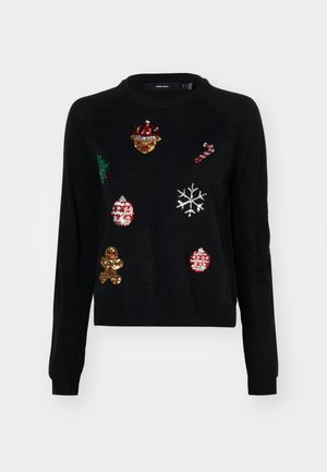 Black sweater with a round neck, featuring sequin embellishments of Christmas icons: a tree, ornaments, gingerbread, and snowflakes.