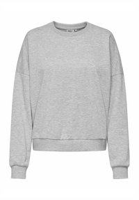 Szürke pamut pulóver kerek nyakkal, hosszú ujjal és bordázott mandzsettával. Laza fit és sima textúra jellemzi.