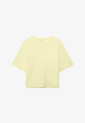 Korte mouwen, lichtgeel cropped T-shirt met ronde hals en losse pasvorm, weergegeven op een witte achtergrond.