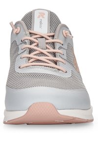 Light grey athletic shoe with pink accents, featuring a breathable mesh upper, lace-up design, and textured rubber sole.