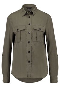 Olive green long-sleeve button-up shirt with two buttoned chest pockets and a pointed collar.