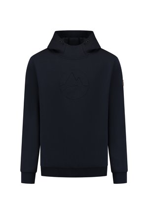 Marineblauw sweatshirt met hoge kraag, vooraan een berglogo, lange mouwen en geribbelde manchetten en zoom. Gemaakt van een zachte stof.
