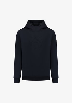 Marineblauw sweatshirt met hoge kraag, vooraan een berglogo, lange mouwen en geribbelde manchetten en zoom. Gemaakt van een zachte stof.