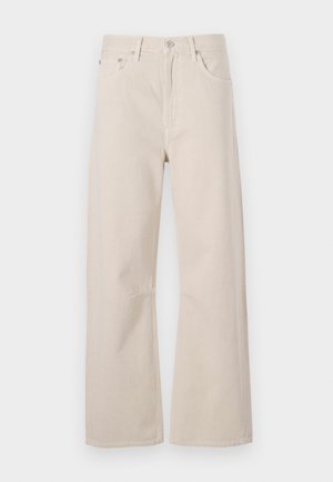 Blugi bej cu croi larg, confecționați din bumbac, cu talie înaltă, două buzunare frontale și închidere cu buton din metal.