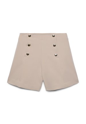 Beige Shorts mit hoher Taille und sechs Metallknöpfen, die vorne in zwei vertikalen Reihen angeordnet sind, mit weitem Bein.