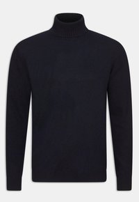 Marinefarbener Rollkragenpullover aus weichem Strickmaterial, mit geripptem Kragen, Ärmeln und Saum für eine figurbetonte Optik. Einfarbiger Stoff, keine Muster.
