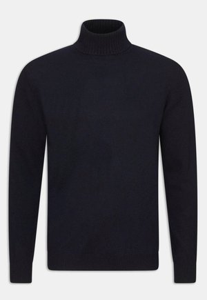 Maglione a collo alto navy realizzato in morbido tessuto lavorato a maglia, con collo, polsini e orlo a coste per un look aderente. Texture liscia, senza motivi.