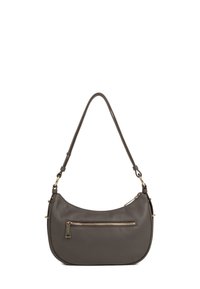 Borsa a spalla in pelle grigia scura con tracolla singola, tasca frontale con zip e hardware a zip color oro su sfondo bianco.