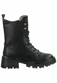 Zwarte leren enkelboots met een robuuste zool, vetersluiting aan de voorkant en gouden veternagels. Gelaagd afwerking en versterkte hak voor stabiliteit.