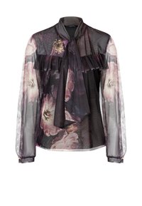 Durchsichtige Bluse mit floralem Muster in Lila- und Rosatönen. Verfügt über Rüschendetails, eine Halsbinde und lange, transparente Ärmel.