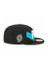 Black cap with a flat brim, featuring a turquoise patterned side panel and white lettering "REP." Includes a logo in white on the side.