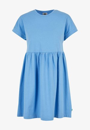 Korte mouwen, lichtblauwe katoenen jurk met een gerimpelde taille, uitlopende rok en een ronde halslijn. Zachte textuur, casual ontwerp.