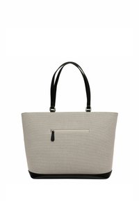 Beige stoffen tas met zwarte handvatten, rechthoekige vorm en een voorzak met ritssluiting. Gladde textuur en contrasterende zwarte bodem.