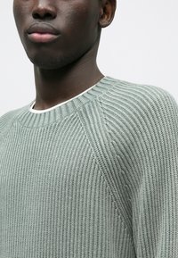 Gaiši zaļš ribots adīts džemperis ar apaļu kakla izgriezumu un reljefa rakstu; ar raglāna piedurknēm un kontrastējošu iekšējo apkakli.