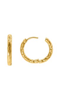 Orecchini a cerchio in oro con una texture martellata, caratterizzati da una forma liscia e arrotondata e una chiusura a cerniera senza soluzione di continuità.