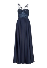 Abito navy con un corsetto incrostato di perline e gonna fluida. Presenta spalline sottili a incrocio e una texture morbida e liscia.