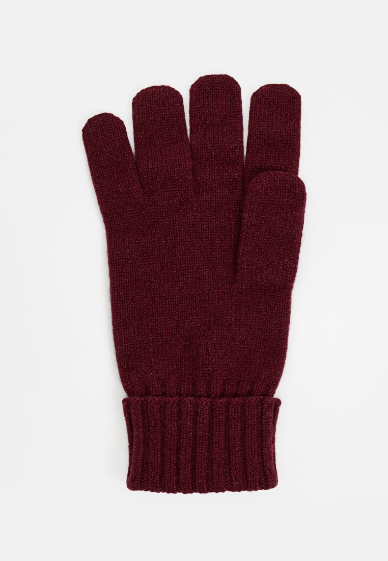 Bordeaux gebreide handschoen met vijfvingerontwerp, geribde manchet en een zachte textuur. Geen zichtbare patronen of hardwaredetails.
