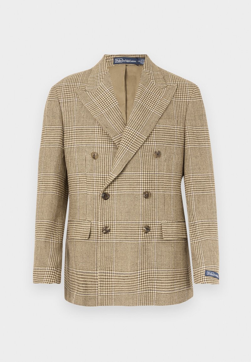 Double-breasted blazer in a checked pattern with a beige and brown color scheme. Features wide lapels and two front pockets.
