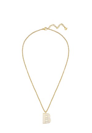 Collar delicado de cadena de oro con un colgante geométrico con la letra B y un cierre ajustable con un pequeño colgante en forma de corazón.