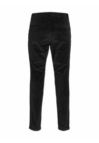 Black corduroy pants with a slim fit, featuring two back pockets, textured fabric, and a straight leg design.