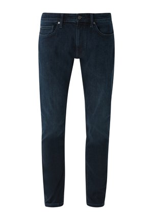 Jean en denim bleu foncé à coupe slim. Comprend cinq poches, un zip et une fermeture à bouton en métal. Texture lisse avec un léger dégât.