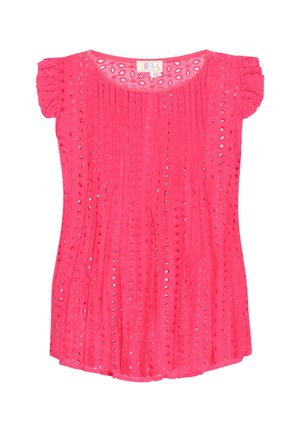 Top corti a maniche corte rosa realizzato in tessuto testurizzato con ritagli a occhio e pieghe. Collo rotondo e morbidi dettagli a volants sulle spalle.