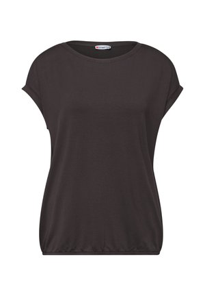 Sort bluse med korte ærmer, rund hals, løs pasform og rynket kant lavet af glat stof.