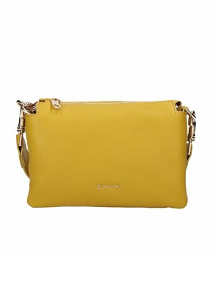 Borsa a tracolla in pelle gialla con cerniera dorata e dettagli in metallo, con marchio "BIASIA" al centro davanti.