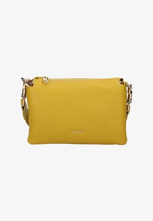 Borsa a tracolla in pelle gialla con cerniera dorata e dettagli in metallo, con marchio "BIASIA" al centro davanti.
