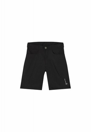 Sorte knælange shorts med forlommer, en knaplukning i taljen og en lille hvid logo på det nederste højre ben.